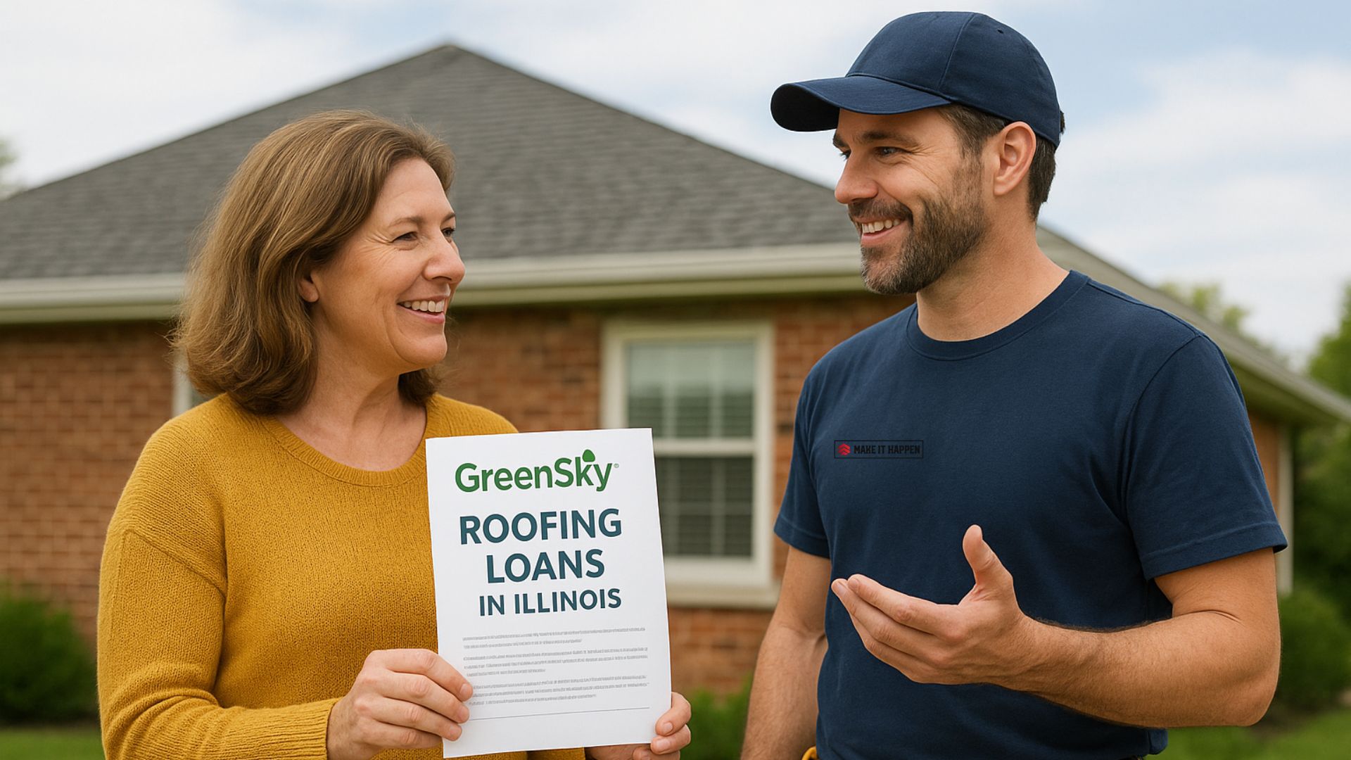 Image Alt Text: A Berwyn homeowner discussing the benefits of GreenSky roofing loans in Illinois with a contractor.